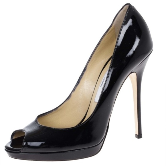 Jimmy Choo Shoes - Jimmy Choo: Black Patent Leather Peep-Toe Pumps